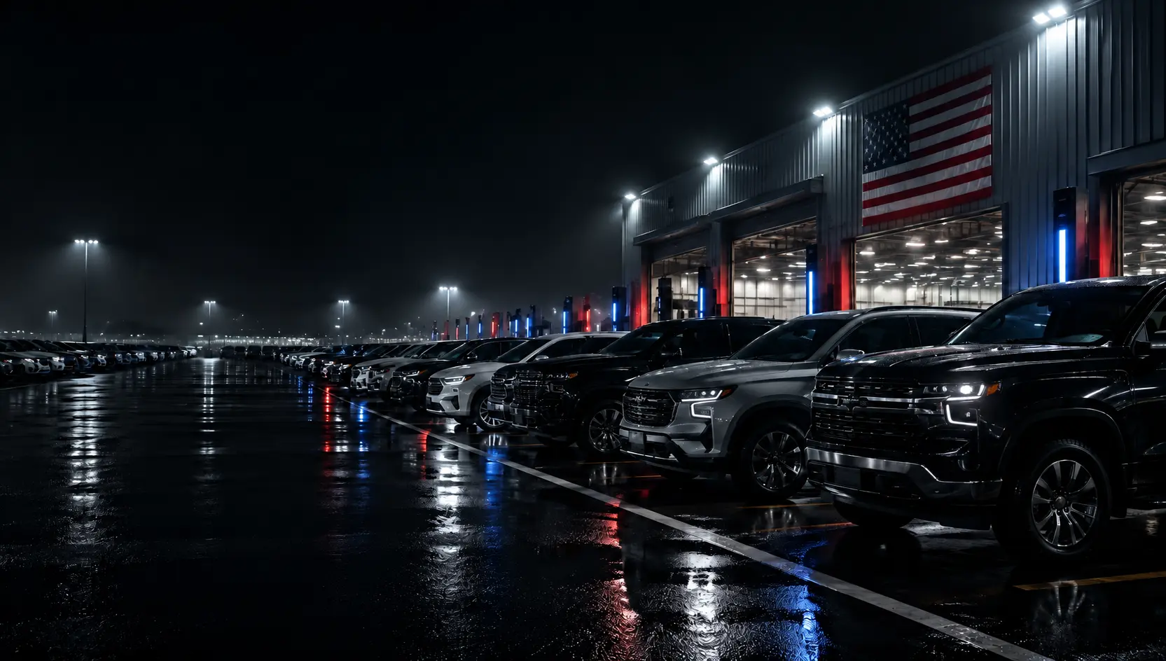 American vehicle auction yard at night